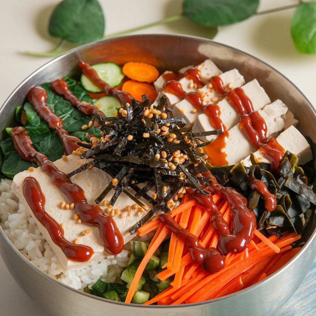 A beautiful, colorful Korean bowl filled with rice, vegetables, and kimchi.