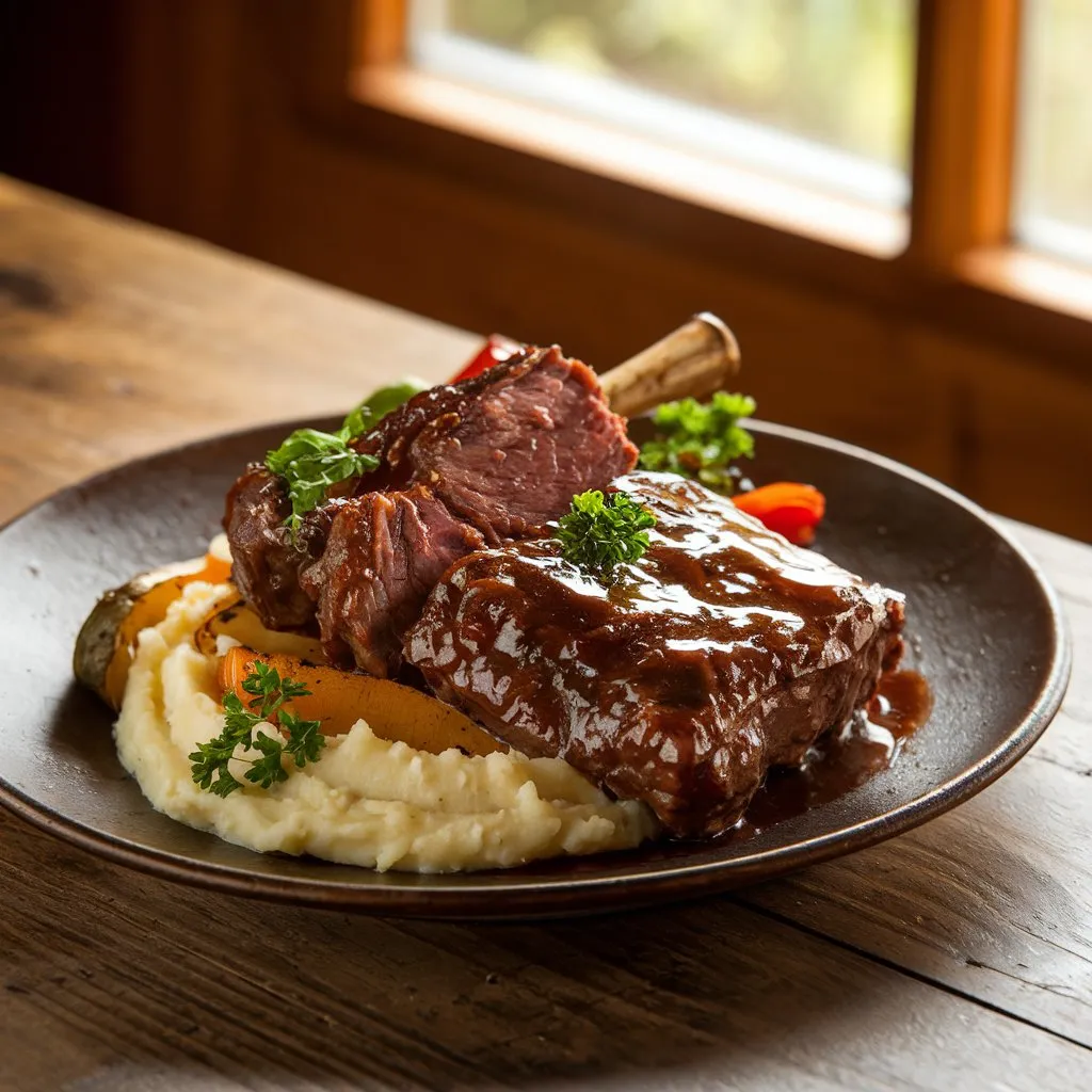 Plated boneless beef short ribs with mashed potatoes and fresh herbs