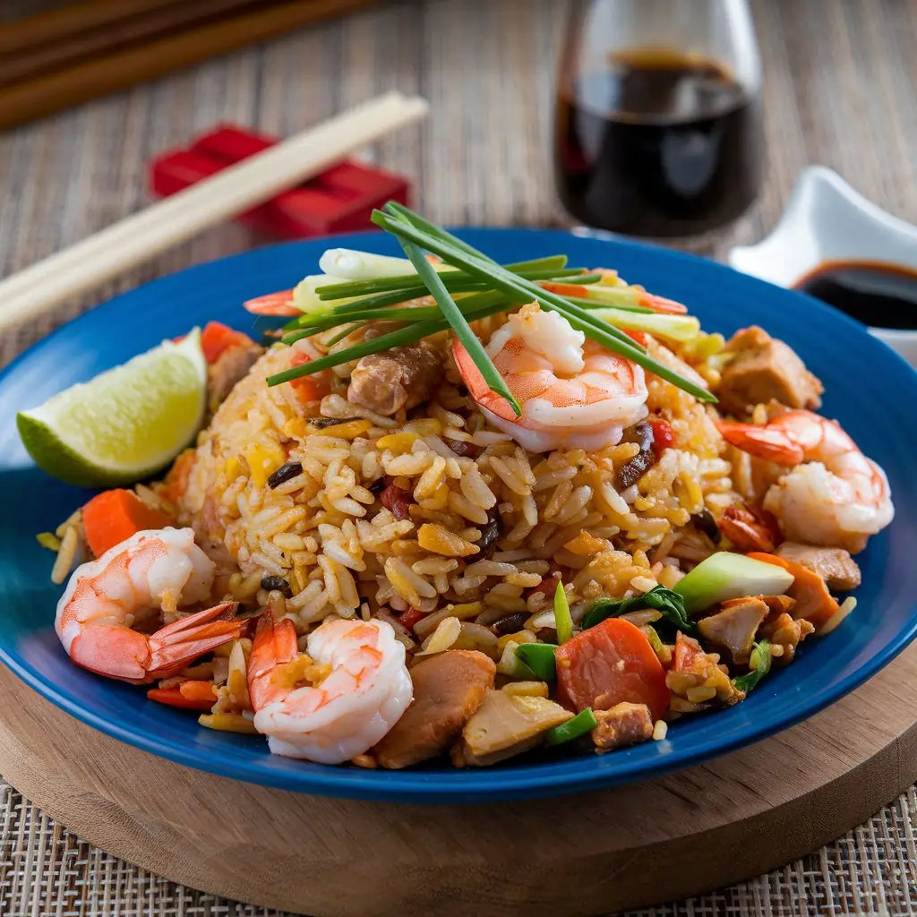 A beautifully set dining table featuring fried rice and delicious side dishes.