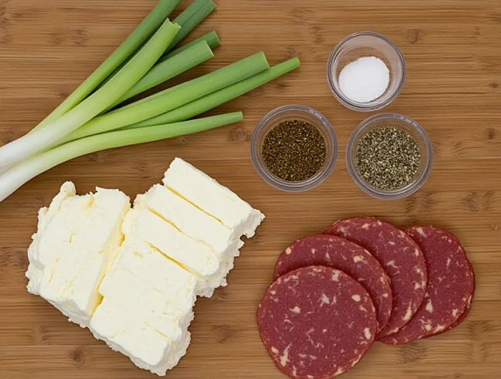 Ingredients for making a cheeseball: cream cheese, dried beef, green onions, seasonings.