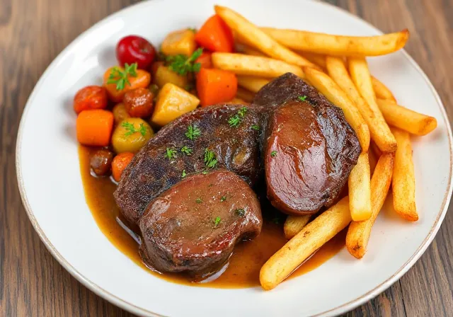 A plate of French-style beef kidney with a side of ratatouille and pommes frites