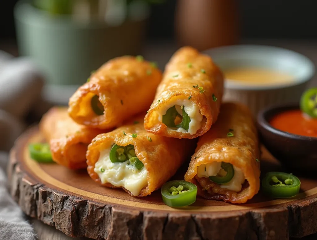 Fresh goat cheese, jalapenos, egg roll wrappers, and spices