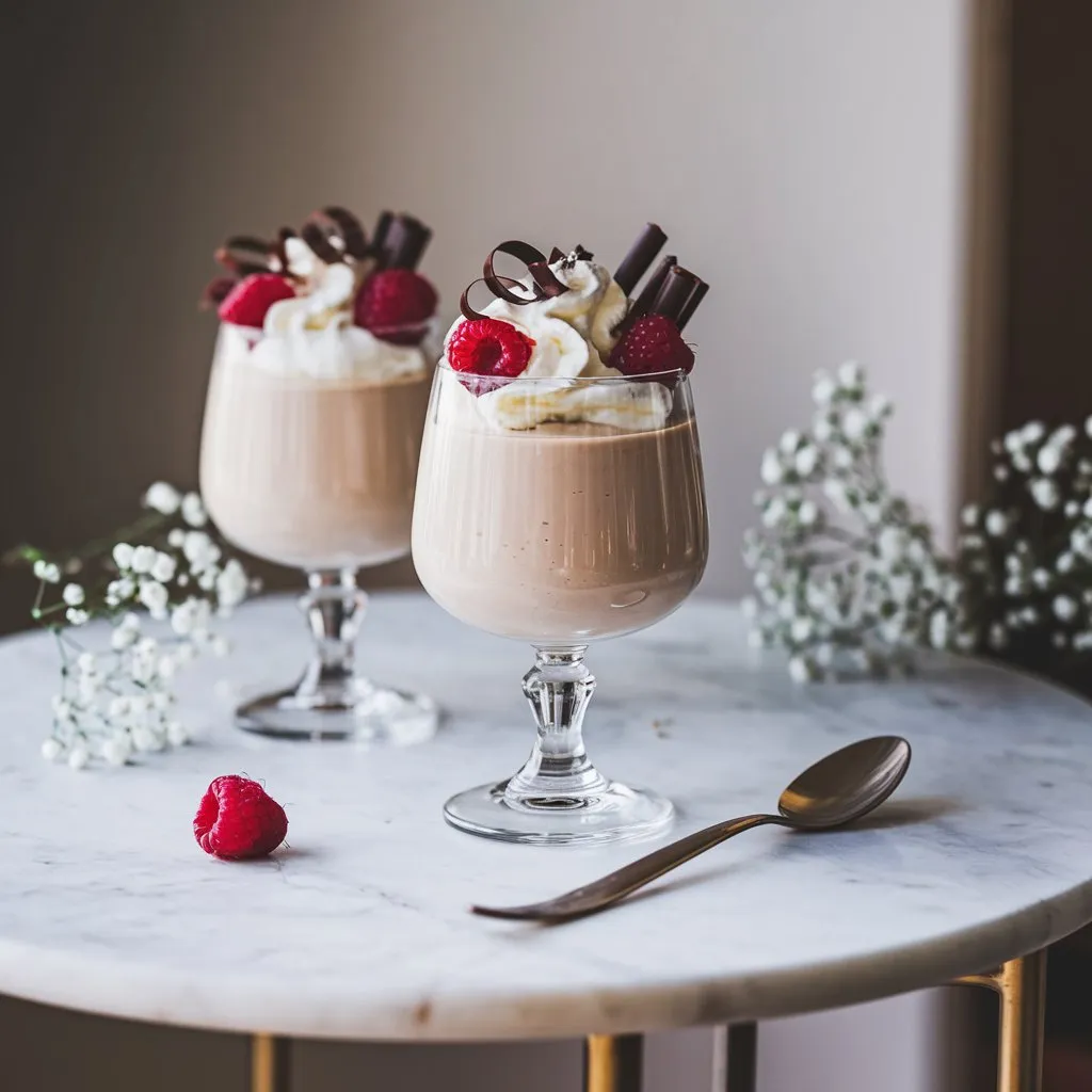 Creamy white chocolate pudding topped with fresh berries in a clear glass.