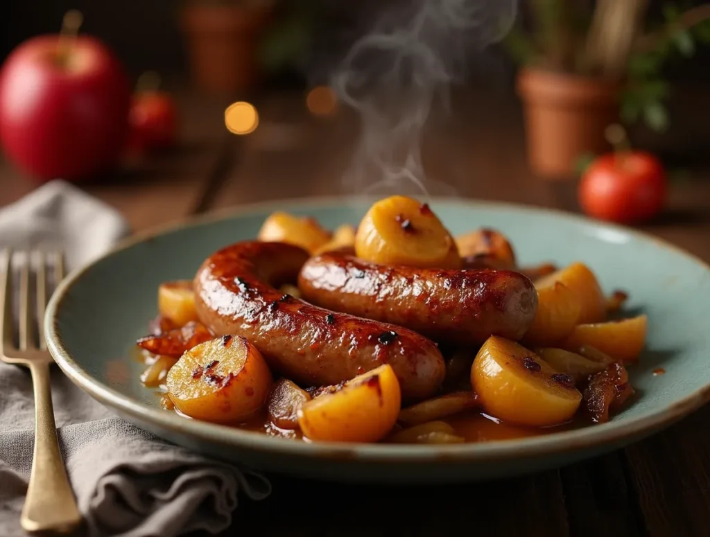 Fresh apples, sausages, and spices on a wooden board.