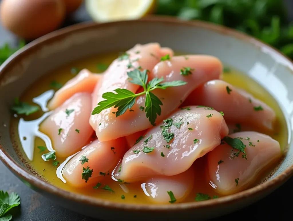 Chicken being marinated with spices and herbs