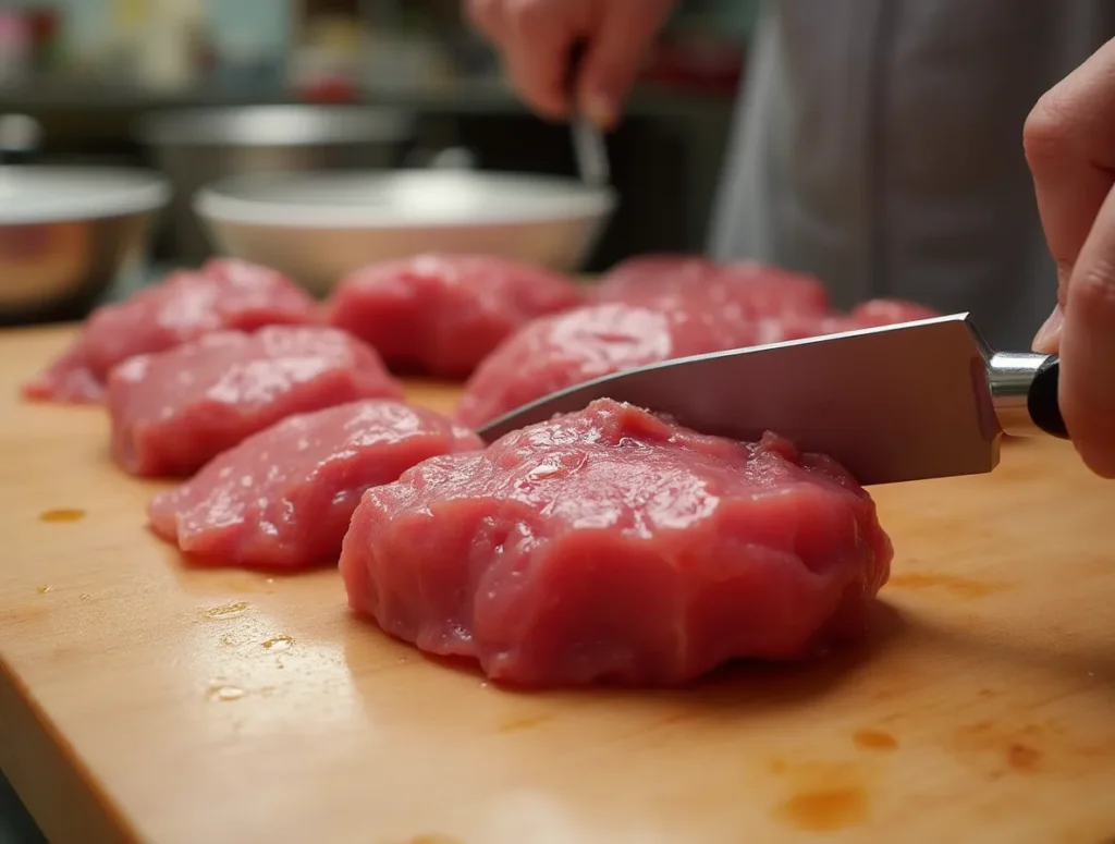 A raw beef kidney being cleaned and trimmed on a cutting board.