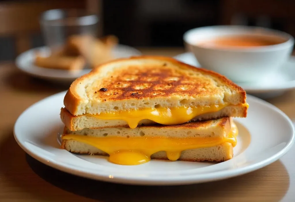 A golden, crispy Starbucks-inspired grilled cheese sandwich on a wooden plate.