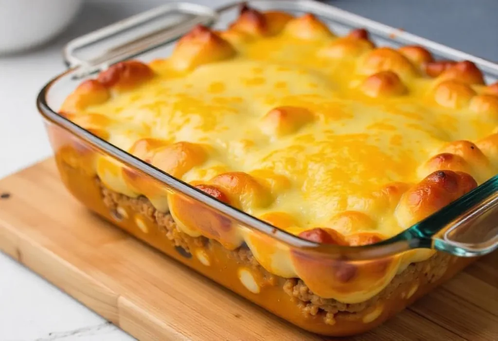 A cheesy ground beef and potato casserole in a baking dish