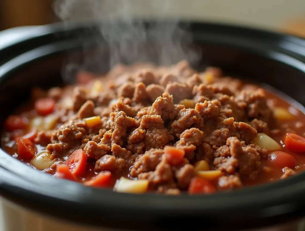 Slow-cooked ground beef in a crockpot with spices and vegetables