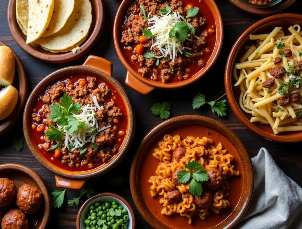 A variety of crockpot meals made with ground beef, including chili, tacos, meatballs, and pasta.