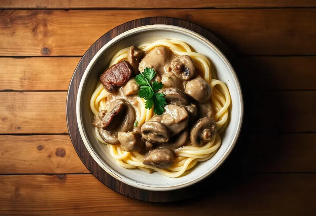 A creamy bowl of easy beef stroganoff with tender beef and mushrooms.