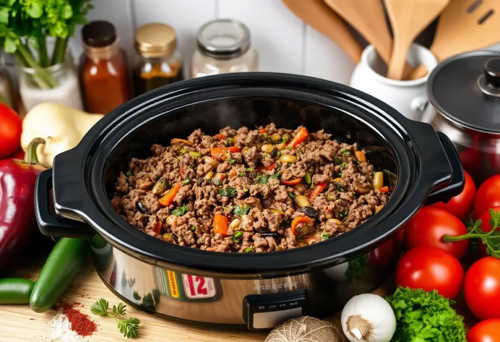Ground beef crockpot recipes – a variety of dishes in a slow cooker.