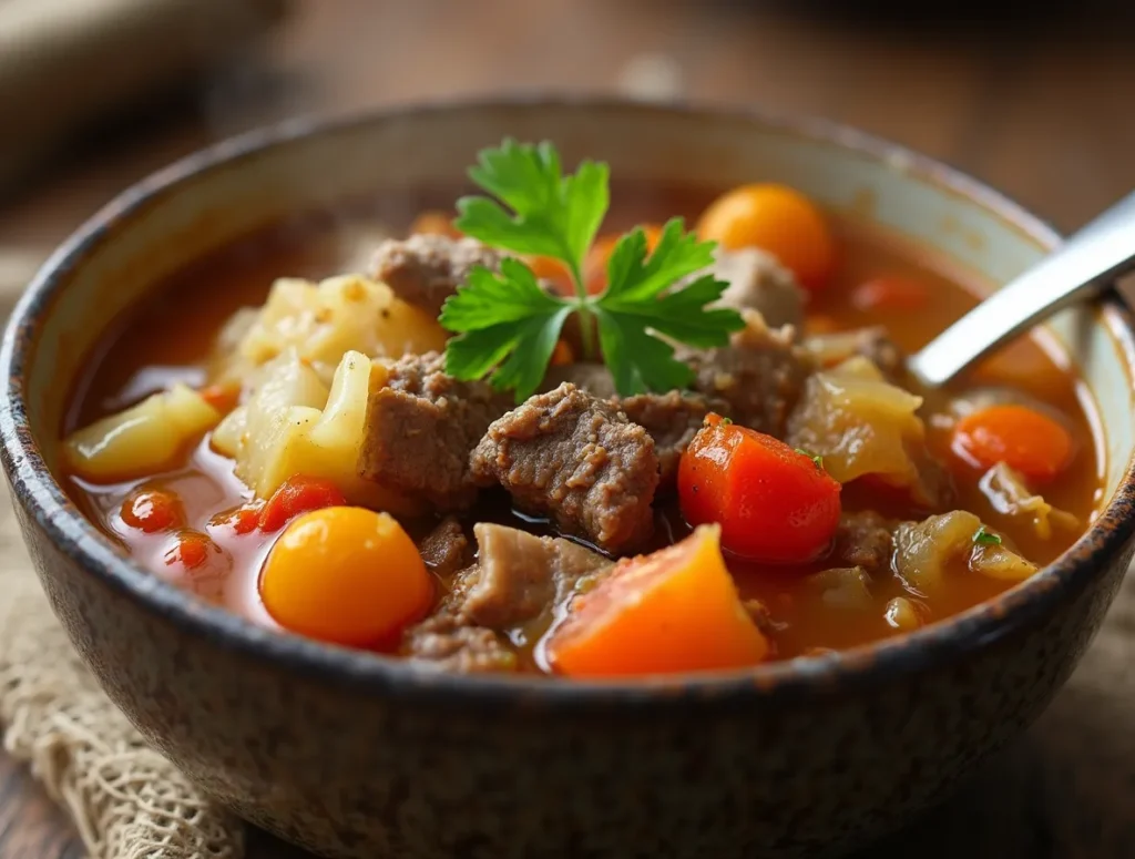 A steaming bowl of beef and cabbage soup with a spoon