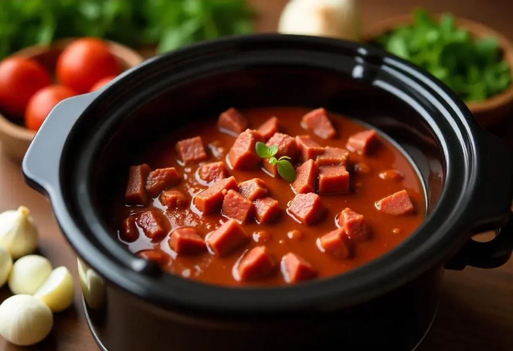 A slow cooker with ground beef cooking inside.
