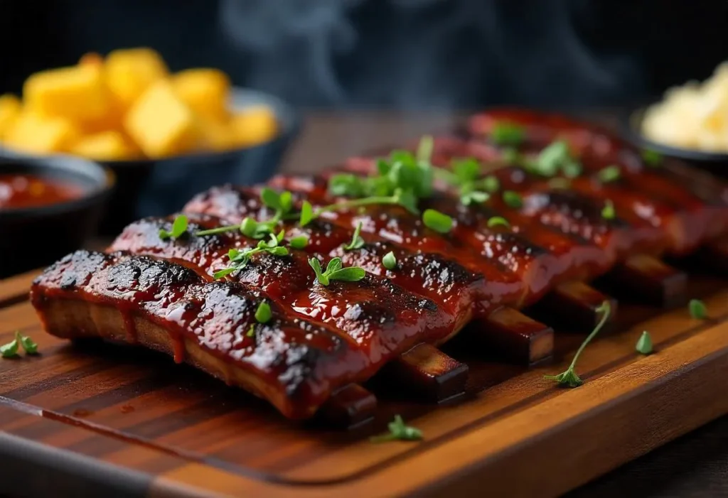 Juicy grilled beef rib back ribs with smoky BBQ sauce