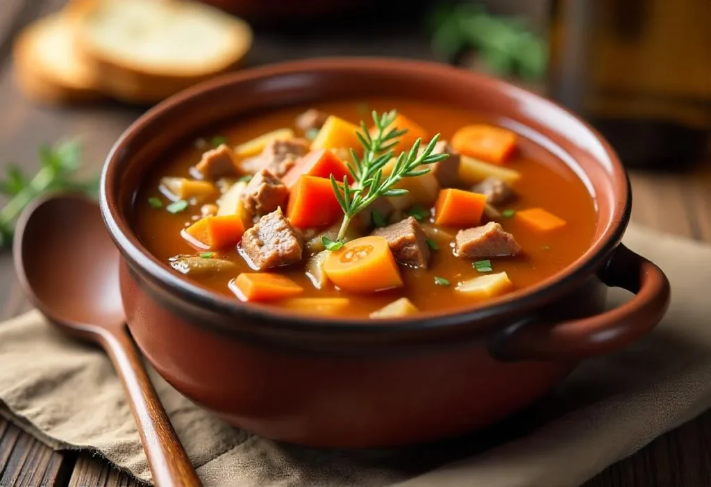 A bowl of steaming cabbage and ground beef soup with fresh herbs.