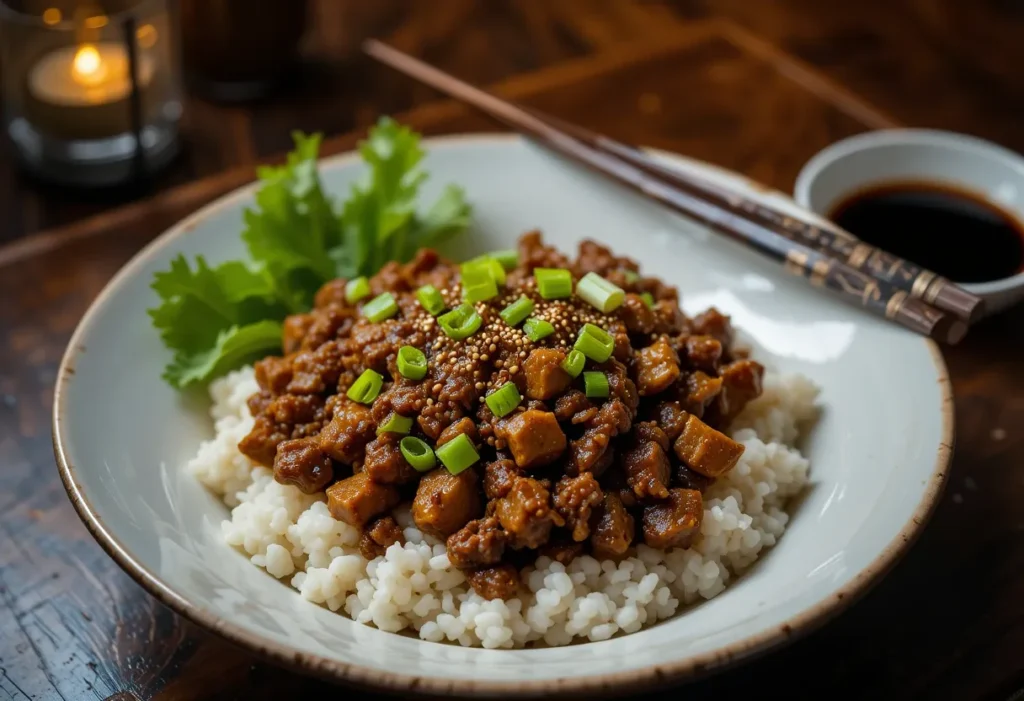 A bowl of Asian-style beef with rice, sesame seeds, and green onions