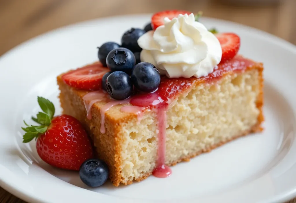 Pound cake slices served with berries and whipped cream