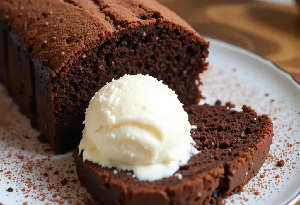 A rich, dark chocolate pound cake slice on a plate
