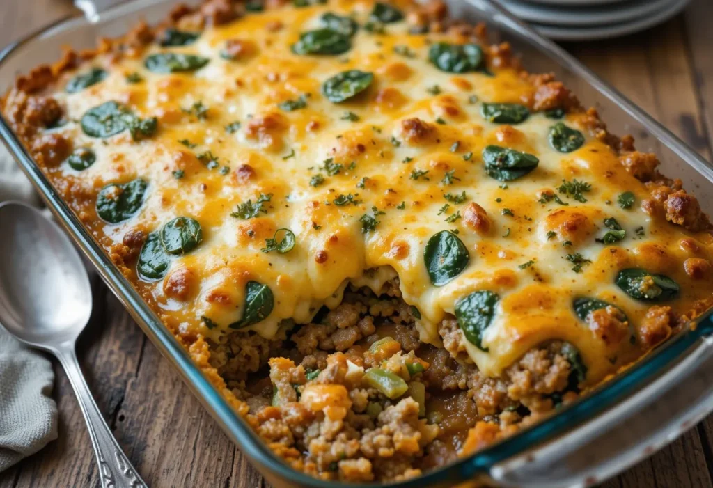 A low-carb keto hamburger casserole with cheese and spinach