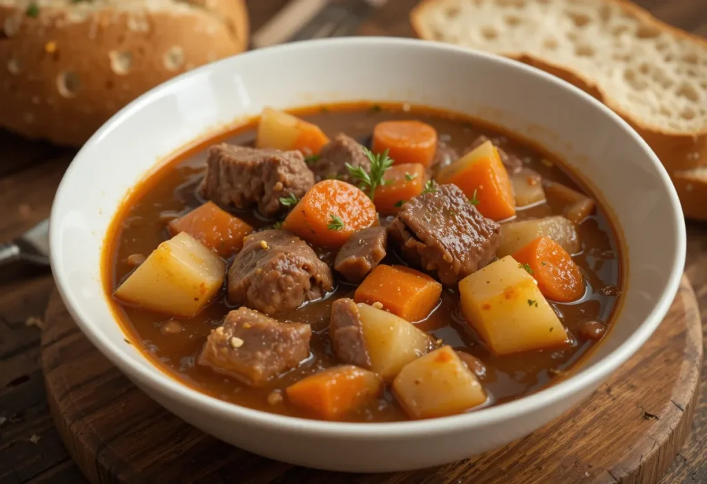 A bowl of rich, hearty beef stew with fresh bread.