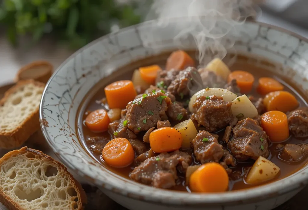 A bowl of beef stew served with a side of crusty bread.