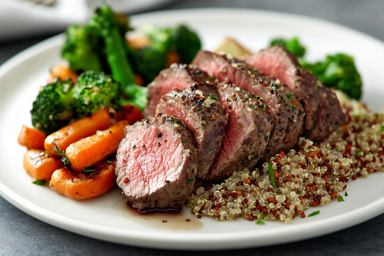 Balanced meal with beef tenderloin, quinoa, and vegetables