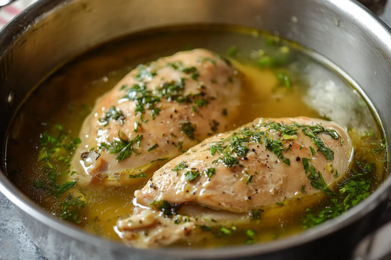 Boiling chicken breast with herbs in a pot