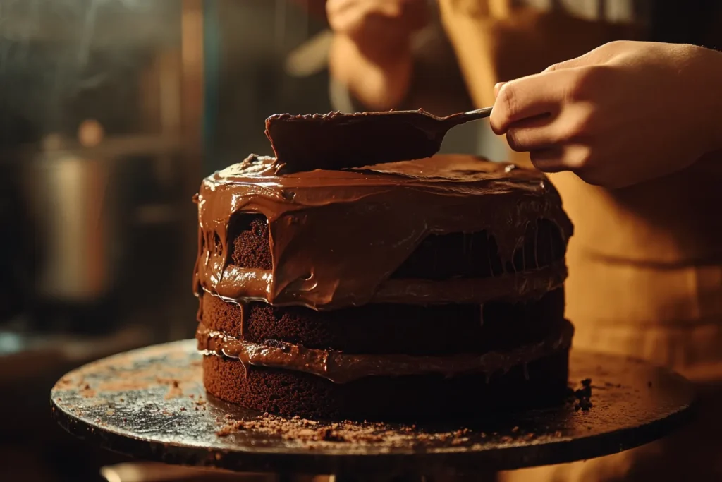 Frosting a cake with thick chocolate ganache
