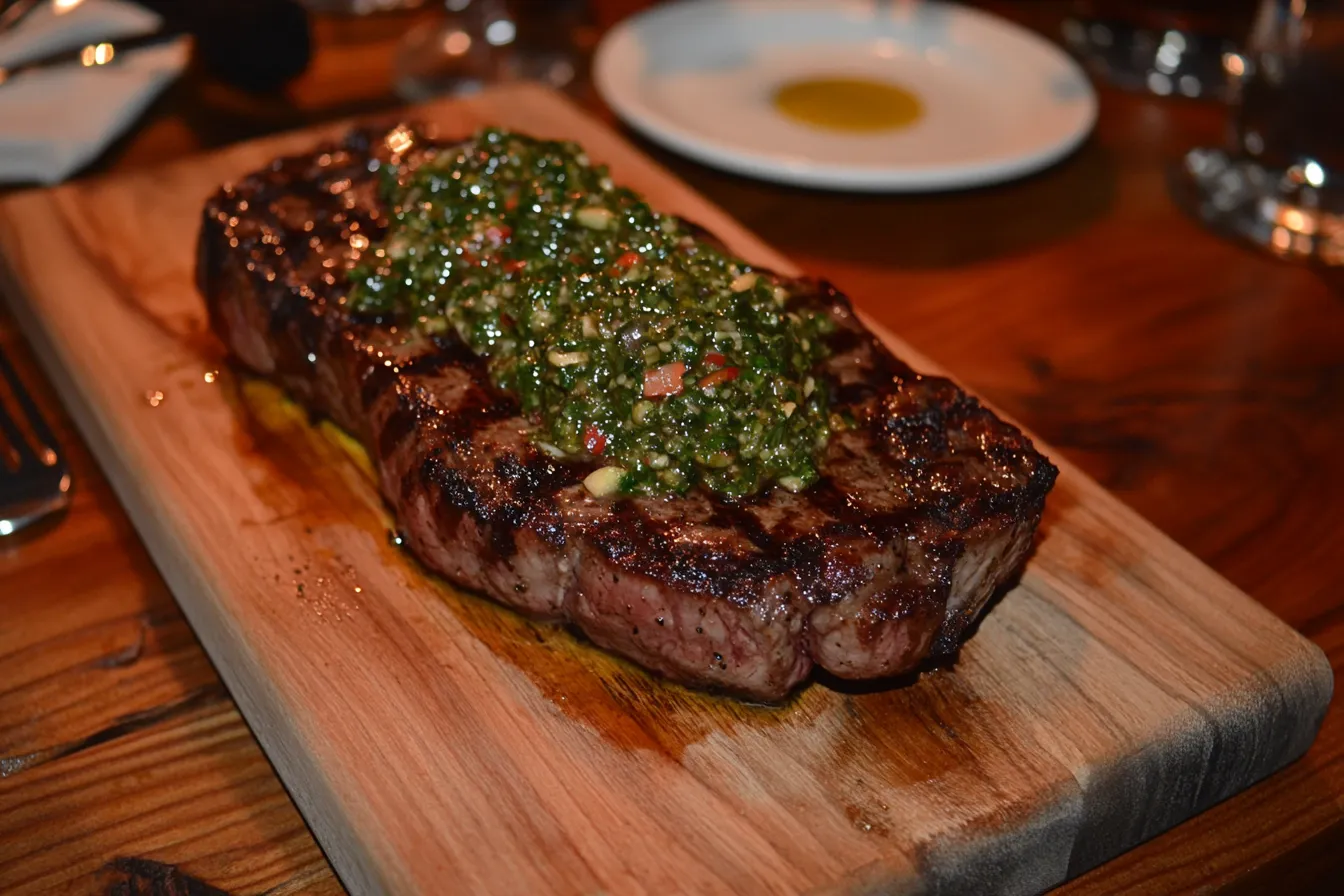 Grilled Paraguayan ribeye steak with chimichurri