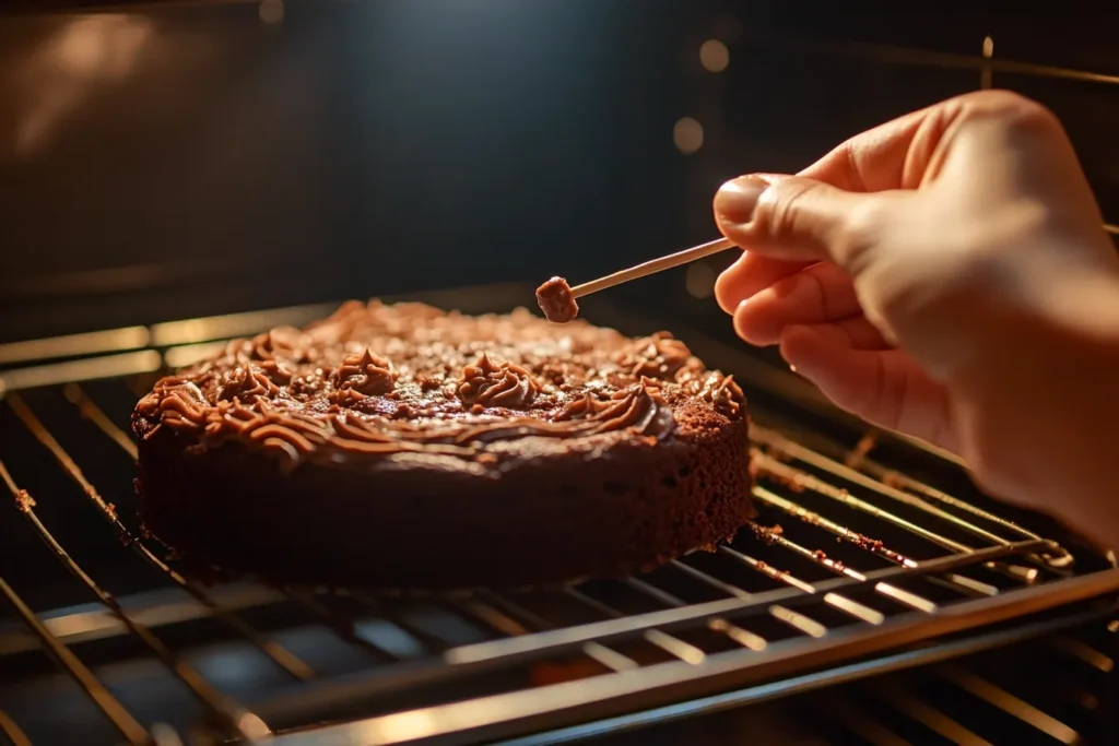 Person checking cake with a toothpick