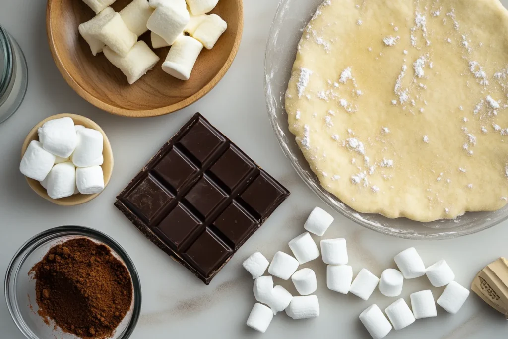 Ingredients for making s’mores bombs laid out neatly