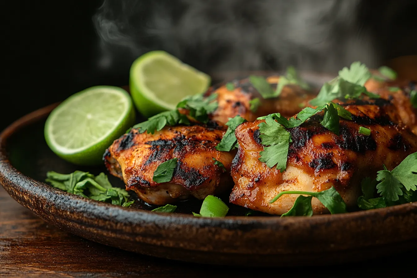 Chipotle chicken on a plate with lime wedges