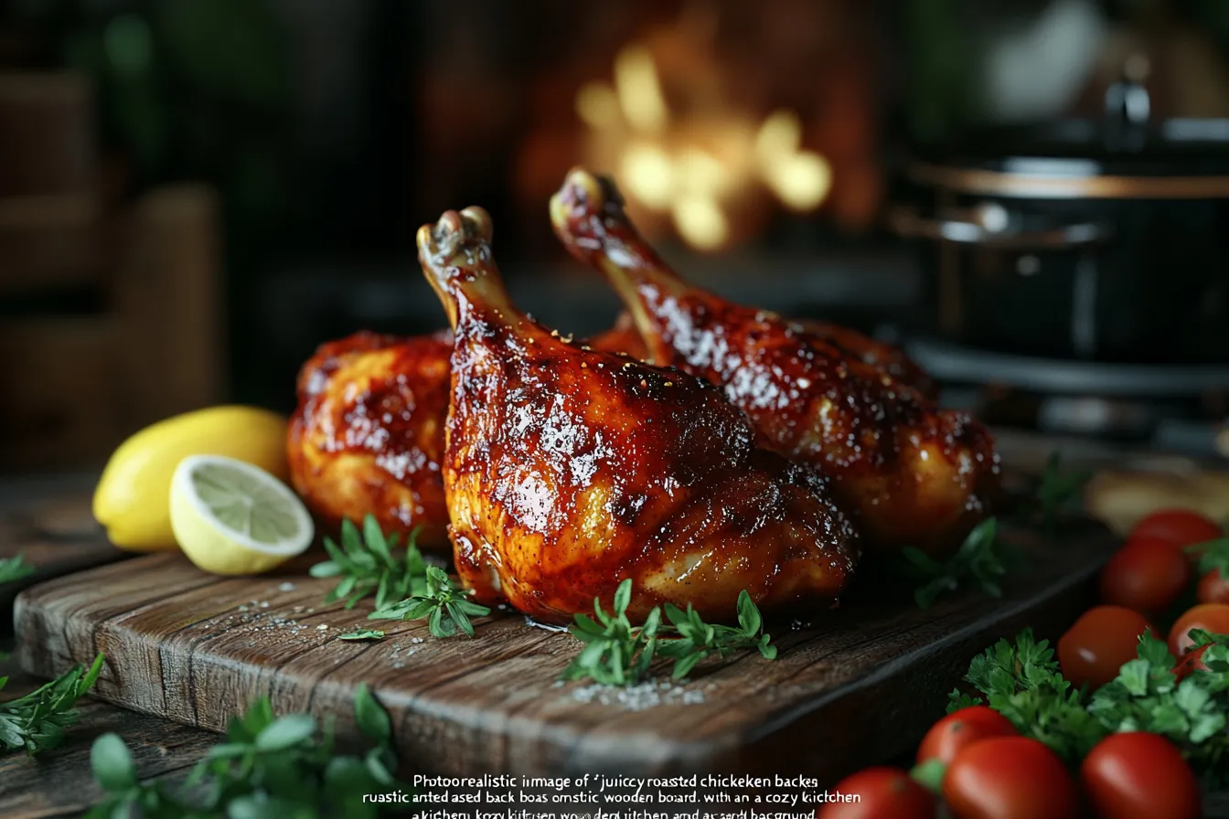 Delicious roasted chicken backs on a wooden board