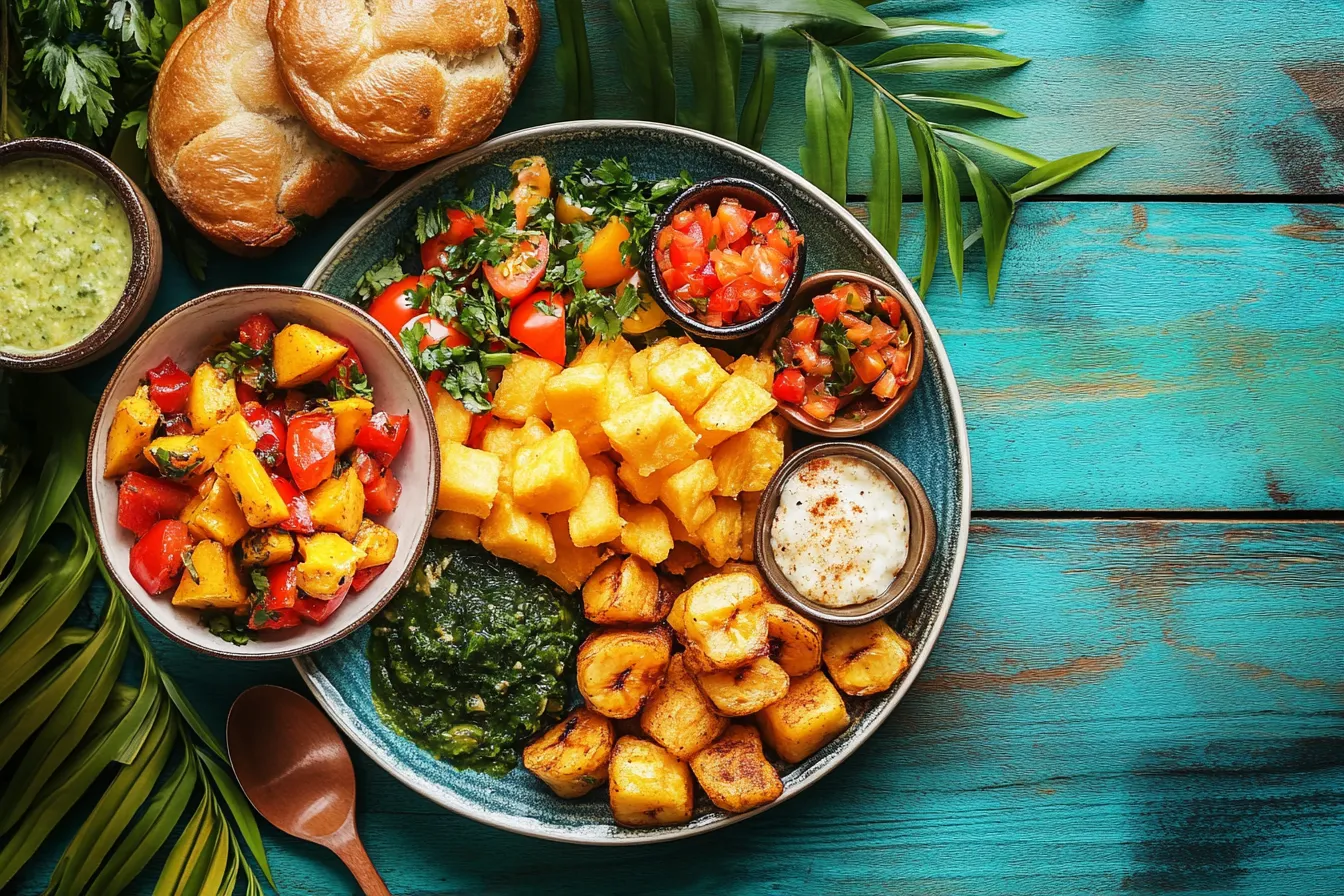 Jamaican breakfast dishes on a colorful plate