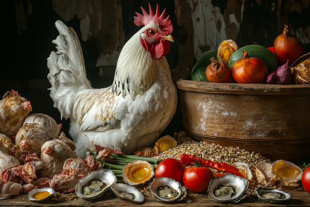 Chicken feed, oyster shells, and vegetables on a table