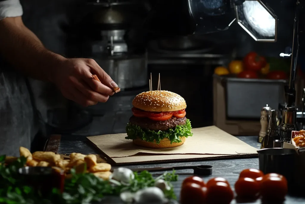 Food stylist prepping burger for commercial shoot