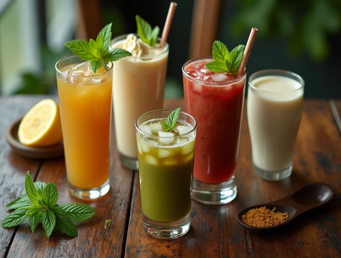 Assortment of kratom drinks including tea, smoothies, and lattes