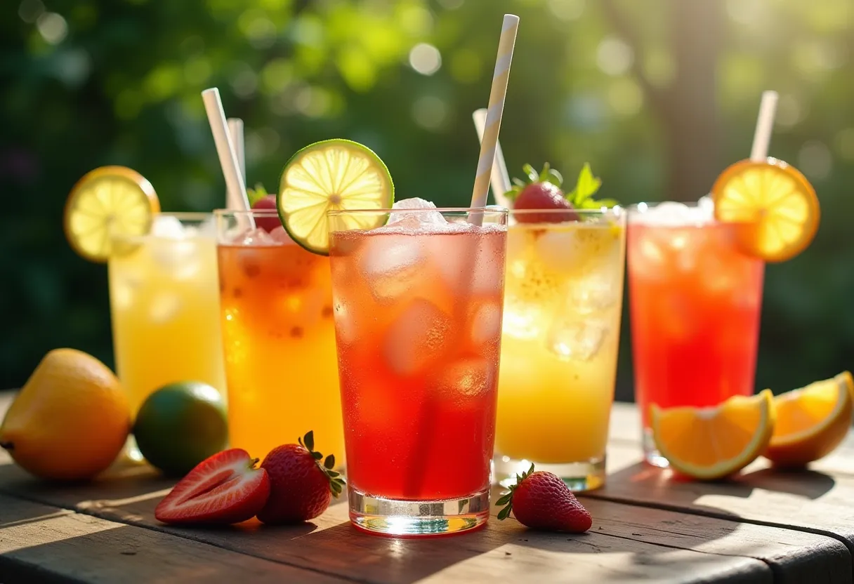 A vibrant collection of colorful summer drinks with fresh fruit and ice
