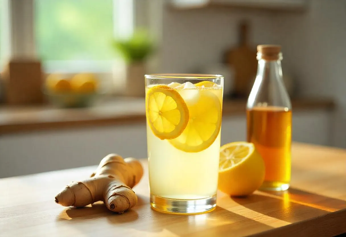 Glass of Brazilian Mounjaro drink with apple cider vinegar, lemon, and ginger