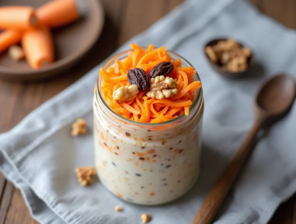 Carrot cake oats topped with shredded carrots and walnuts