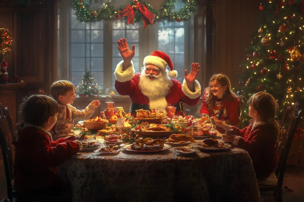 Family laughing together at a holiday breakfast table