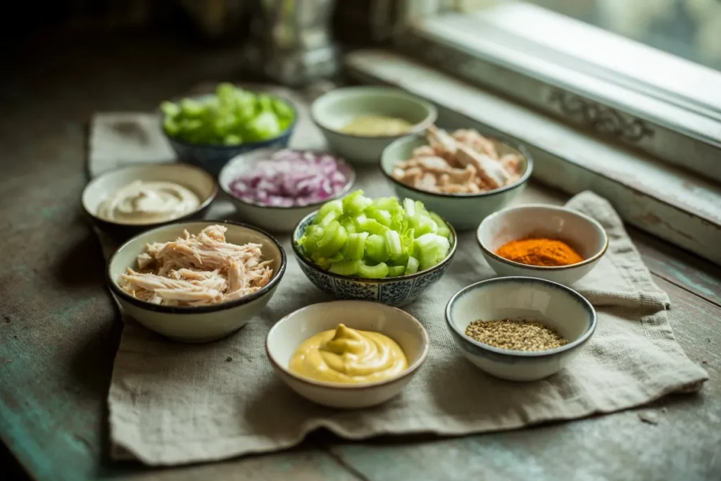 Ingredients for chicken salad laid out on a kitchen counter