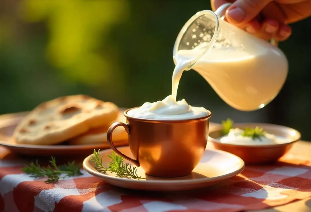 Turkish Ayran being poured into a glass