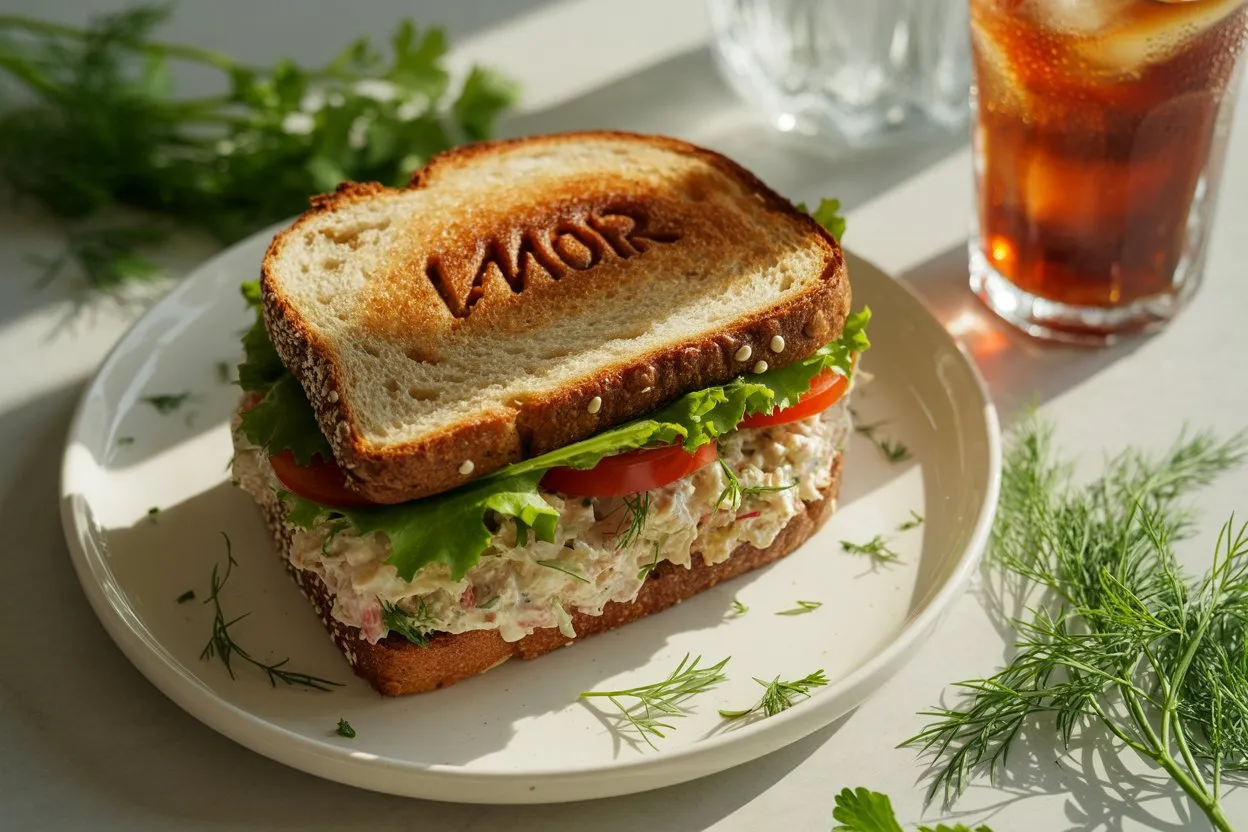 A fresh chicken salad sandwich on a plate with herbs