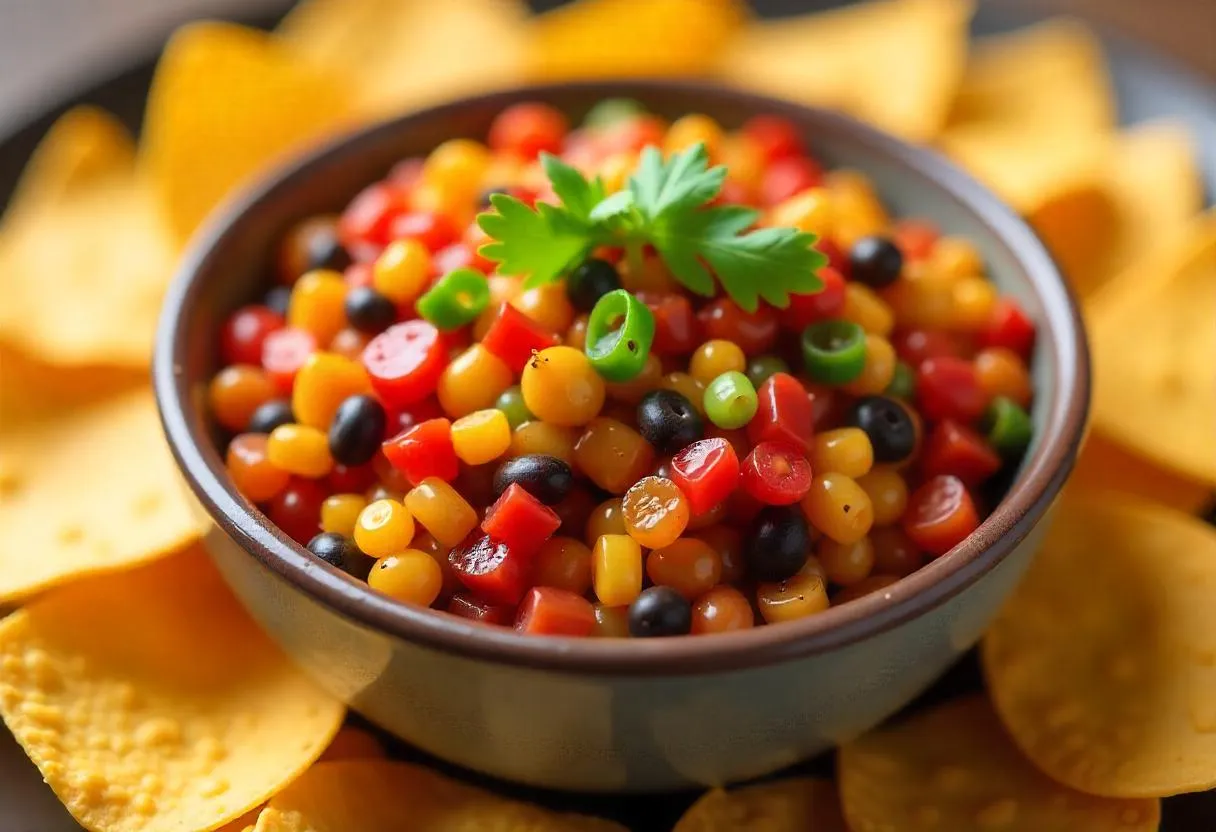 Bowl of colorful cowboy caviar with tortilla chips
