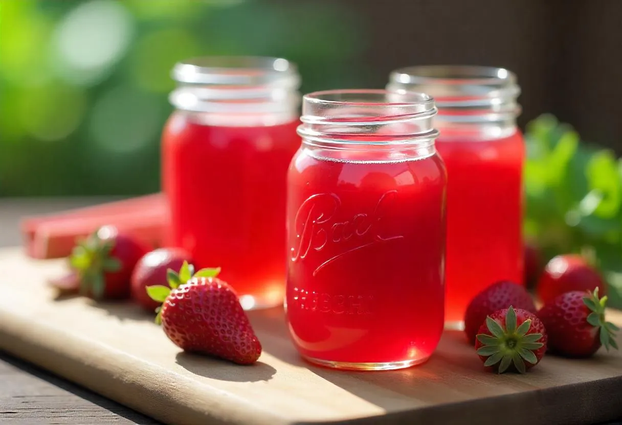 Homemade rhubarb-strawberry jam in mason jars