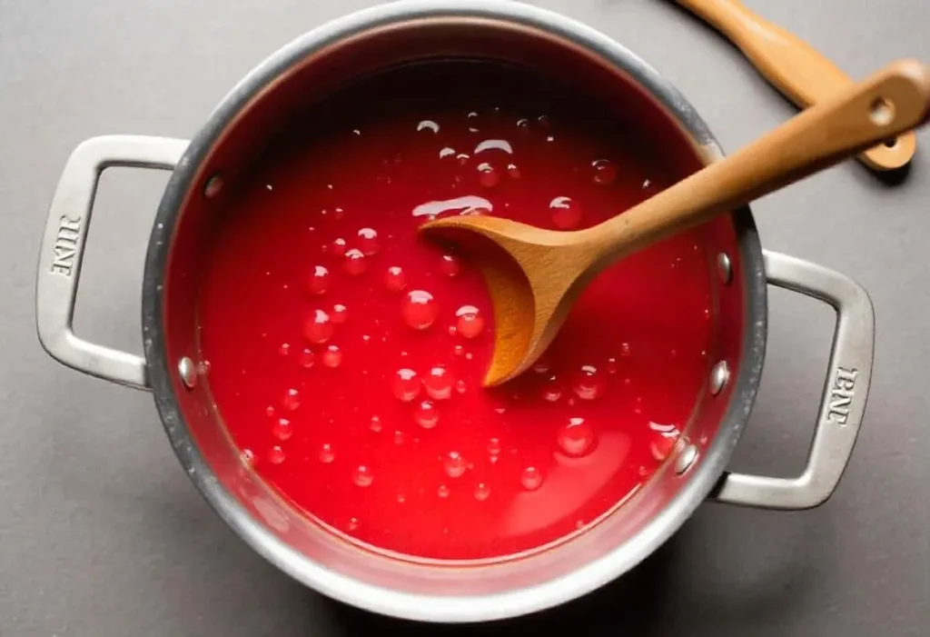 Cooking strawberry-rhubarb jam in a pot