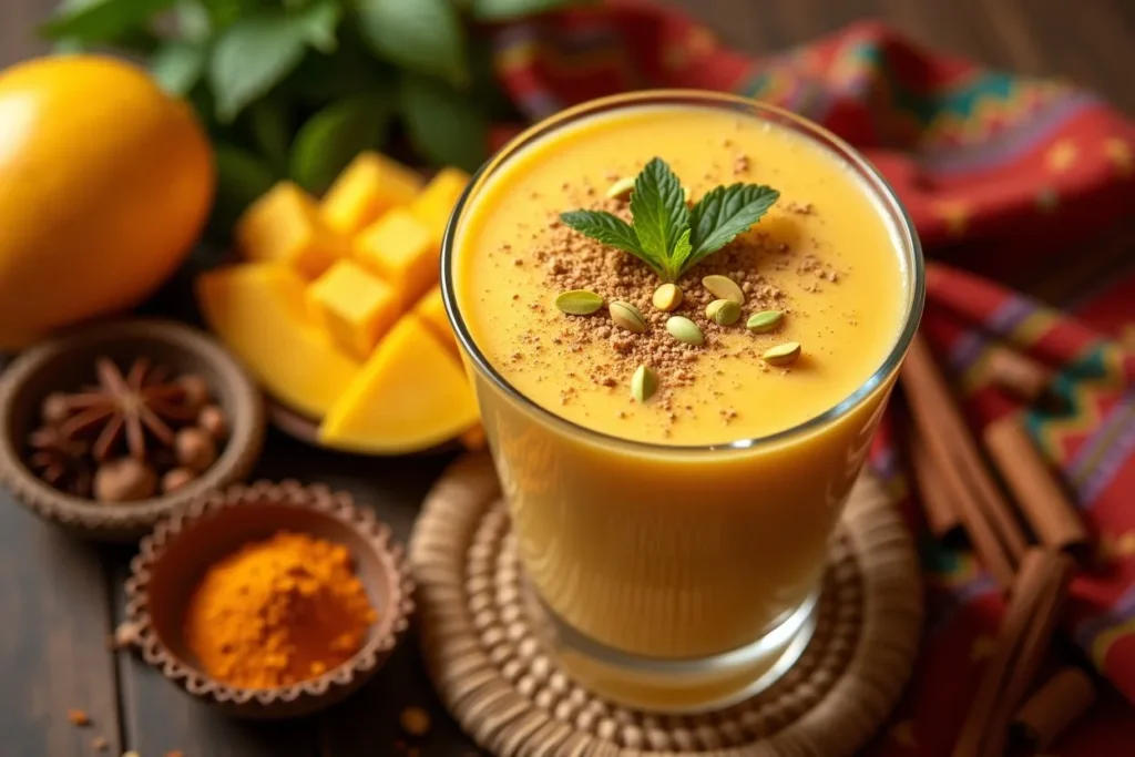 A chilled mango lassi in a traditional glass with cardamom garnish