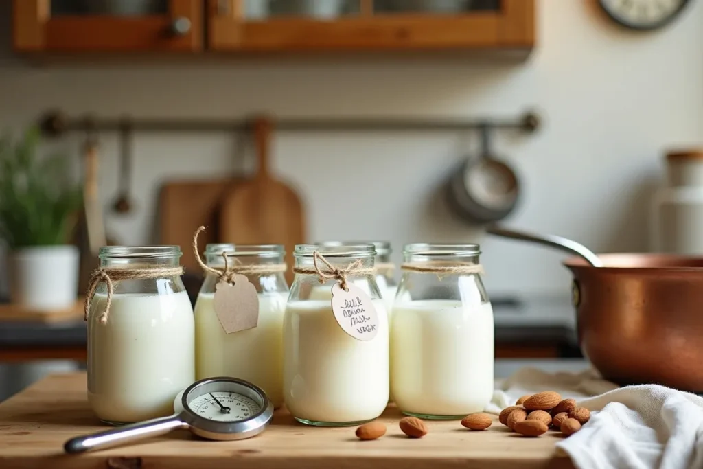 Homemade almond milk yogurt in jars.